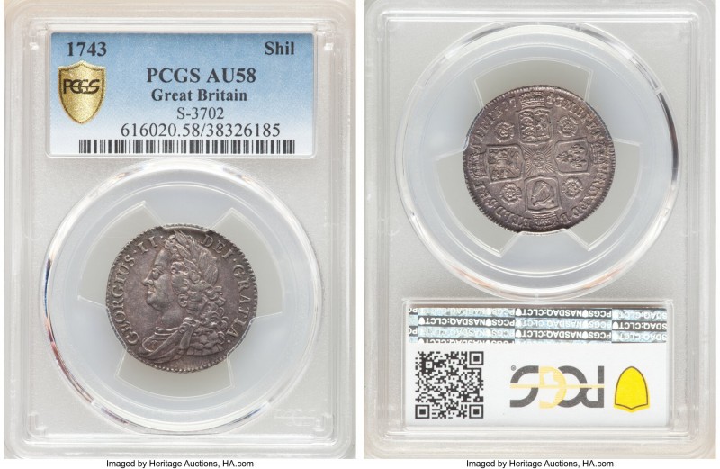 George II Shilling 1743 AU58 PCGS, KM583.1, S-3702. Lilac tinged gray toning. 
...