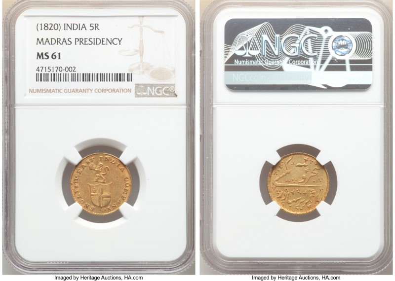 British India. Madras Presidency gold 5 Rupees (1/3 Mohur) ND 1820 MS61 NGC, Mad...