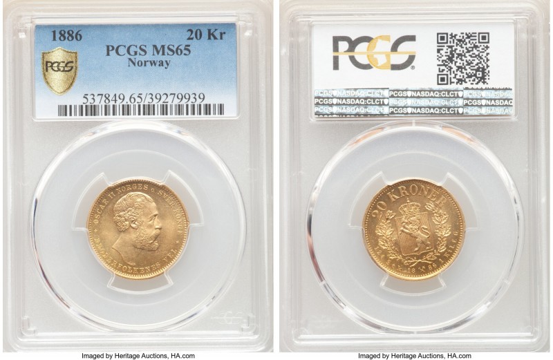 Oscar II gold 20 Kroner 1886 MS65 PCGS, Kongsberg mint, KM355. Shimmering golden...