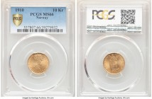 Haakon VII gold 10 Kroner 1910 MS66 PCGS, Kongsberg mint, KM375. One year type. 

HID09801242017

© 2020 Heritage Auctions | All Rights Reserved