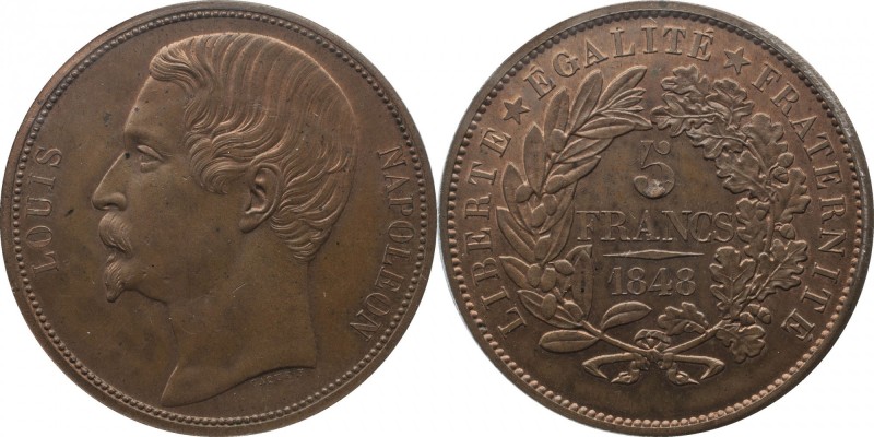 Bronze piefort 5 francs 1848 by Caqué & Montagny.
Bust of Louis Napoleon left. ...