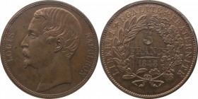 Bronze piefort 5 francs 1848 by Caqué & Montagny.
Bust of Louis Napoleon left. Rv. Denomination within wreath. Maz. 1396. Raised edge : «Concours mon...
