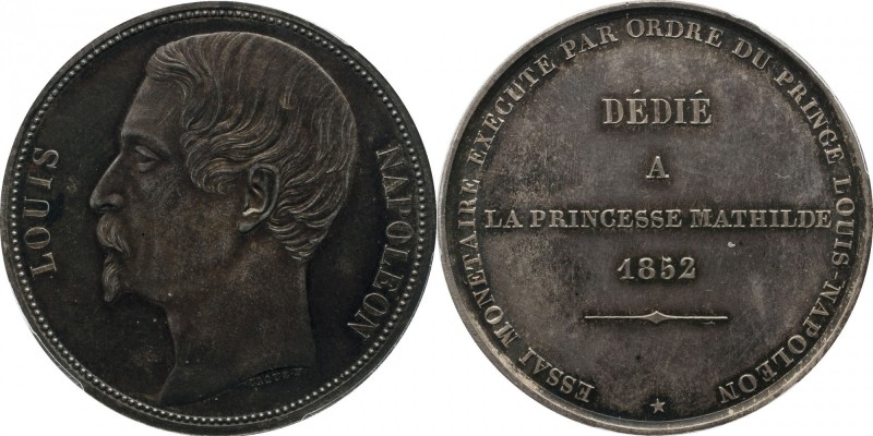 Silver essai 5 francs 1852, plain edge. Pattern dedicated to princess Mathilde....