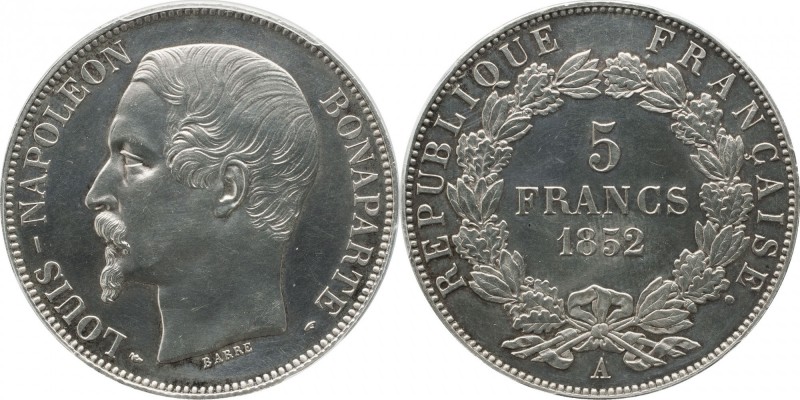 Silver essai 5 franc 1852, Paris, prooflike, raised edge.
Bust of Louis Napoleo...
