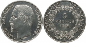 Silver essai 5 franc 1852, Paris, prooflike, raised edge.
Bust of Louis Napoleon left. Rv. Denomination within wreath. Not listed in Mazard. Small he...