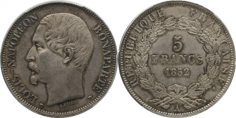 5 franc 1852, Paris.
Bust of Louis Napoleon left. Rv. Denomination within wreat...