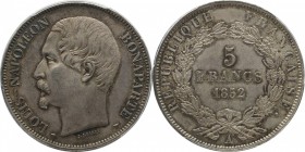 5 franc 1852, Paris.
Bust of Louis Napoleon left. Rv. Denomination within wreath. Scarcer type that features the signature «J.J. Barre» 25 grs.

5 ...