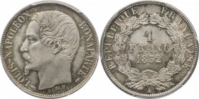 1 franc 1852, Paris.
Bust of Louis Napoleon left. Rv. Denomination within wreath. 5 grs.

1 franc 1852, Paris.
Av. Tête nue à gauche. Rv. Valeur d...