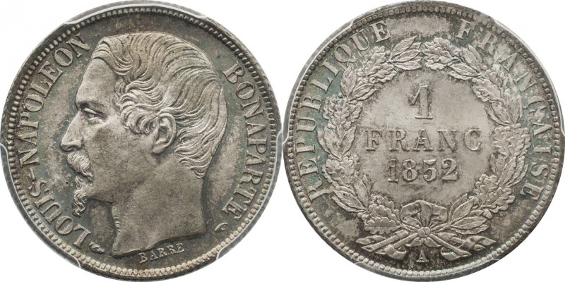 1 franc 1852, Paris.
Bust of Louis Napoleon left. Rv. Denomination within wreat...