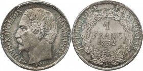1 franc 1852, Paris.
Bust of Louis Napoleon left. Rv. Denomination within wreath. 5 grs.

1 franc 1852, Paris.
Av. Tête nue à gauche. Rv. Valeur d...