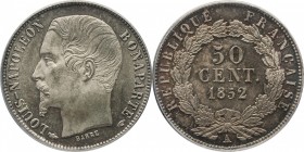 50 centimes 1852, Paris.
Av. Bust of Napoleon III facing left. Rv. Denomination within wreath. 2,50 grs.

50 centimes 1852, Paris.
Av. Tête nue à ...