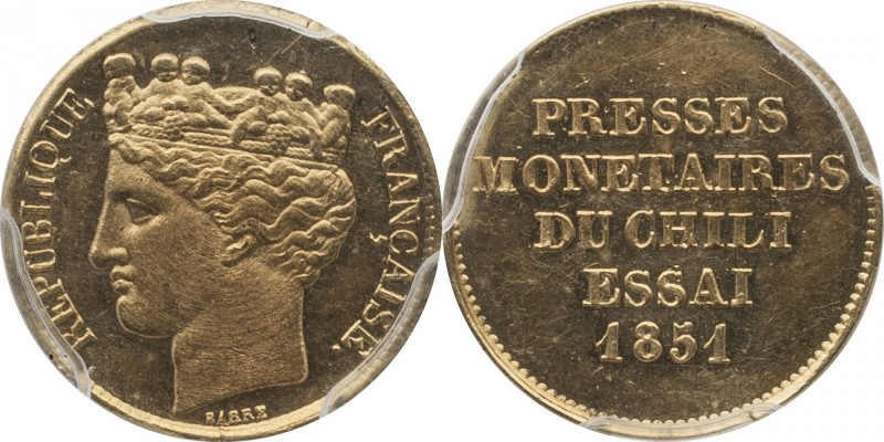 Gold essai 20 centimes 1851, "Presse monetaire du Chili", plain edge.
Laureate ...