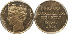 Gold essai 20 centimes 1851, "Presse monetaire du Chili", plain edge.
Laureate bust left. Rv. «Presse monétaire du Chili». Maz. 1382 bis.

20 cent...