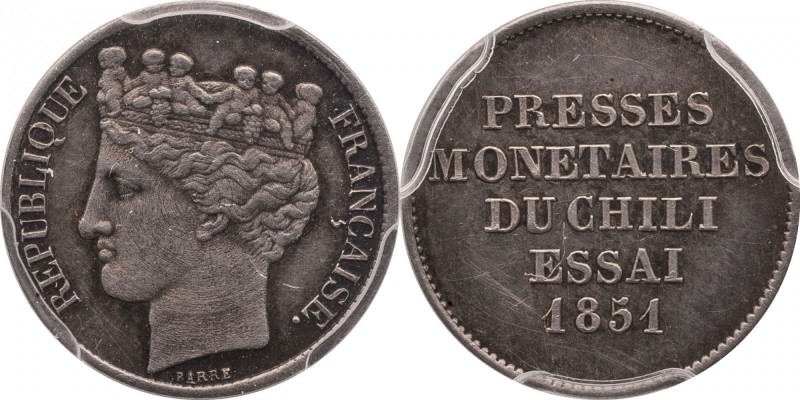 Silver essai 20 centimes 1851, "Presse monetaire du Chili", plain edge.
Laureat...