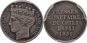 Silver essai 20 centimes 1851, "Presse monetaire du Chili", plain edge.
Laureate bust left. Rv. «Presse monétaire du Chili». Not listed in Mazard. S...