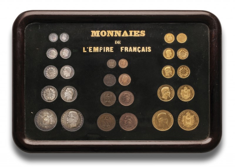 Uniface essai presentation frame, consisting of 28 coins from 1 centime to 100 f...