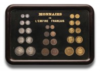 Uniface essai presentation frame, consisting of 28 coins from 1 centime to 100 francs 1855. Gilt-copper, silvered-copper and copper.
This one-off set...