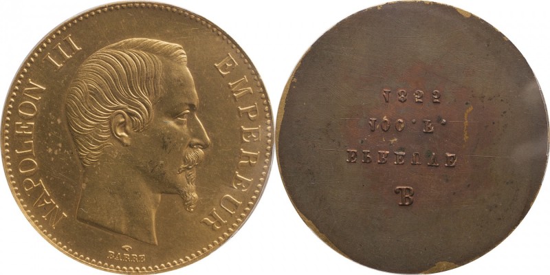 Gilt-copper uniface obverse essai 100 francs (1855), Paris, plain edge.
Bust of...