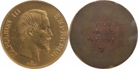 Gilt-copper uniface obverse essai 100 francs (1855), Paris, plain edge.
Bust of Napoleon III facing right. Maz. 1601a.. With retrograde reverse inscr...