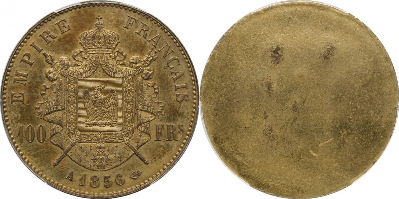 Gilt-copper uniface reverse essai 100 francs 1856, Paris, plain edge.
Rv. Imper...