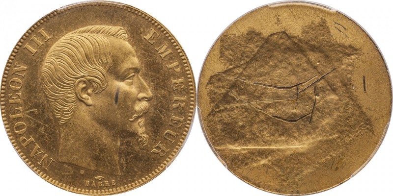Gilt-copper uniface obverse essai 50 francs (1856), Paris, plain edge.
Bust of ...