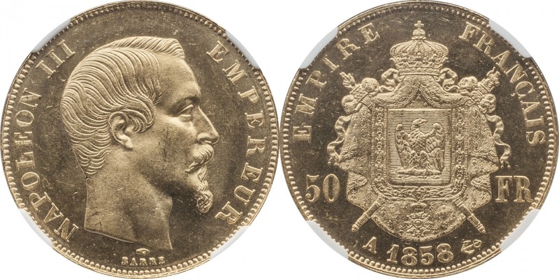 Gold 50 francs 1858, Paris.
Bust of Napoleon III right. Rv. Imperial coat-of-ar...