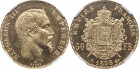Gold 50 francs 1858, Paris.
Bust of Napoleon III right. Rv. Imperial coat-of-arms. 16,12 grs.

50 francs or 1858, Paris, tranche inscrite.
Av. Têt...
