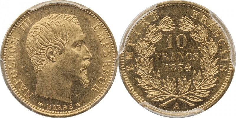 Gold 10 francs 1854, Paris, plain edge.
Bust of Napoleon III right. Rv. Denomin...