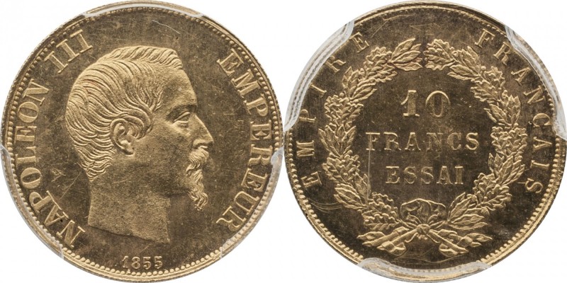 Gold essai 10 francs 1855, reeded edge.
Bust of Napoleon III right. Rv. Denomin...