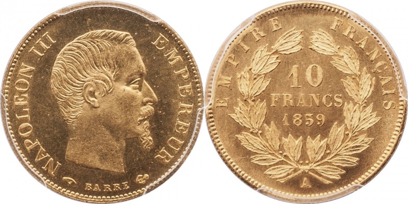 Gold 10 francs 1859, Paris.
Bust of Napoleon III right. Rv. Denomination within...
