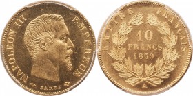 Gold 10 francs 1859, Paris.
Bust of Napoleon III right. Rv. Denomination within wreath. 3,22 grs.

10 francs or 1859, Paris.
Av. Tête nue à droite...