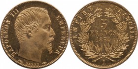 Gold 5 francs 1854, Paris, plain edge.
Av. Bust of Napoleon III facing right. Rv. Wreath encloses value. 1,6 grs.

5 francs or 1854, Paris, petit m...