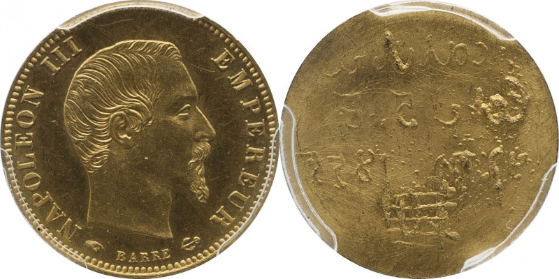 Gilt-copper uniface obverse essai 5 francs (1855), Paris, plain edge.
Bust of N...