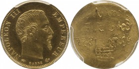 Gilt-copper uniface obverse essai 5 francs (1855), Paris, plain edge.
Bust of Napoleon III right. With retrograde reverse inscriptions reading: «5 F....
