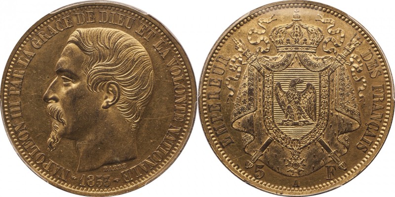 Gilt-copper pattern 5 francs 1853, Paris, plain edge.
Bust of Napoleon III left...