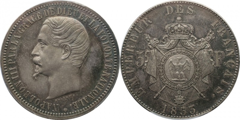 Silver pattern 5 francs 1853 by Bouvet, plain edge.
Bust of Napoleon III left. ...