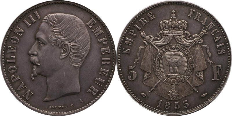 Silver piefort essai 5 francs 1853, Paris, plain edge.
Bust of Napoleon III lef...
