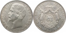 5 francs 1856, Lyon.
Bust of Napoleon III left. Rv. Imperial coat-of-arms. 24,96 grs.

5 francs 1856, Lyon.
Av. Tête nue à gauche. Rv. Armoiries i...