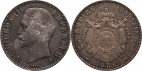 5 francs 1858, Paris.
Bust of Napoleon III left. Rv. Imperial coat-of-arms. Bouvet. Rare. 25 grs.

5 francs 1858, Paris.
Av. Tête nue à gauche. Rv...