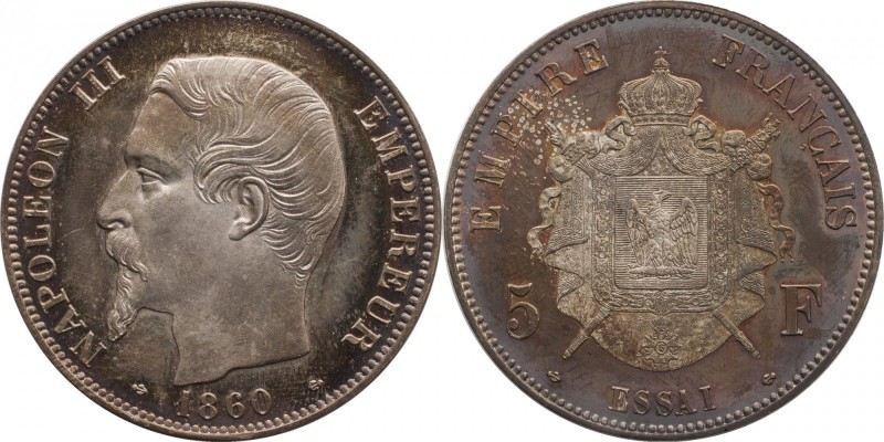Silver essai 5 francs 1860, plain edge.
Bust of Napoleon III left. Rv. Imperial...