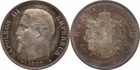 Silver essai 5 francs 1860, plain edge.
Bust of Napoleon III left. Rv. Imperial coat-of-arms. Without Barre’s signature. Privy mark : Pair of Anchor ...