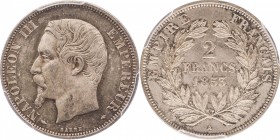 2 francs 1853, Paris.
Bust of Napoleon III left. Rv. Denomination within wreath. 10 grs.

2 francs 1853, Paris.
Av. Tête nue à gauche. Rv. Valeur ...