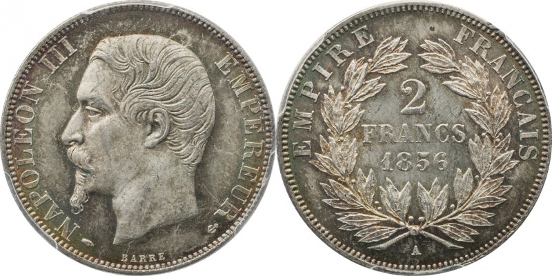 2 francs 1856, Paris.
Bust of Napoleon III left. Rv. Denomination within wreath...