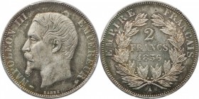 2 francs 1856, Paris.
Bust of Napoleon III left. Rv. Denomination within wreath. 10 grs.

2 francs 1856, Paris.
Av. Tête nue à gauche. Rv. Valeur ...