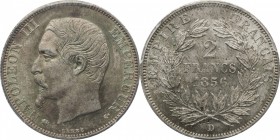 2 francs 1856, Lyon.
Bust of Napoleon III left. Rv. Denomination within wreath. 10 grs.

2 francs 1856, Lyon.
Av. Tête nue à gauche. Rv. Valeur da...