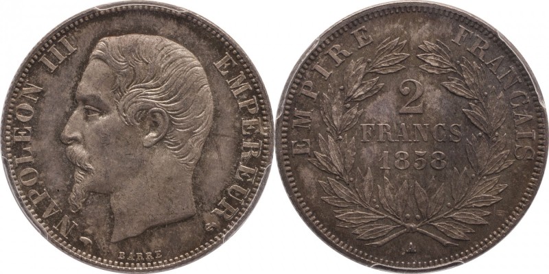 2 francs 1858, Paris.
Bust of Napoleon III left. Rv. Denomination within wreath...