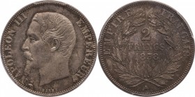 2 francs 1858, Paris.
Bust of Napoleon III left. Rv. Denomination within wreath. Only 1280 pieces minted. 10 grs.

2 francs 1858, Paris.
Av. Tête ...