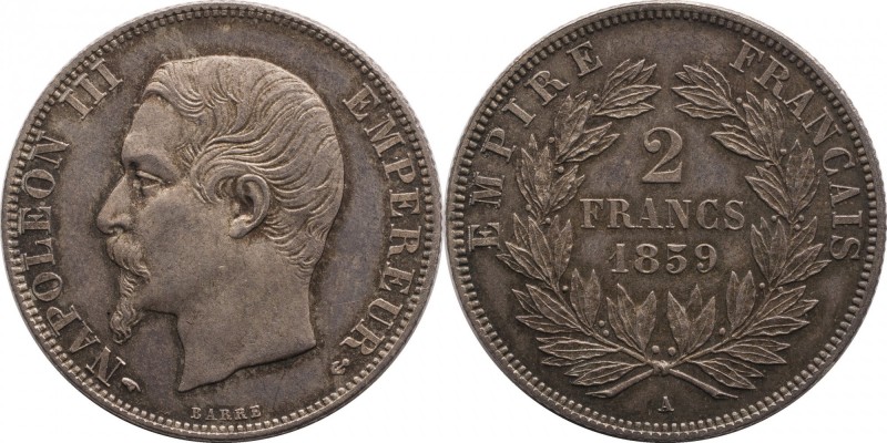 2 francs 1859, Paris.
Bust of Napoleon III left. Rv. Denomination within wreath...