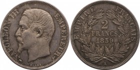 2 francs 1859, Paris.
Bust of Napoleon III left. Rv. Denomination within wreath. Only 886 pieces minted. This is the third seen. 10 grs.

2 francs ...