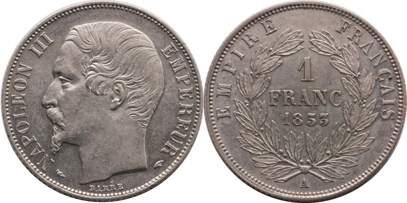 1 franc 1853, Paris, larger head, reeded edge.
Bust of Napoleon III left. Rv. D...